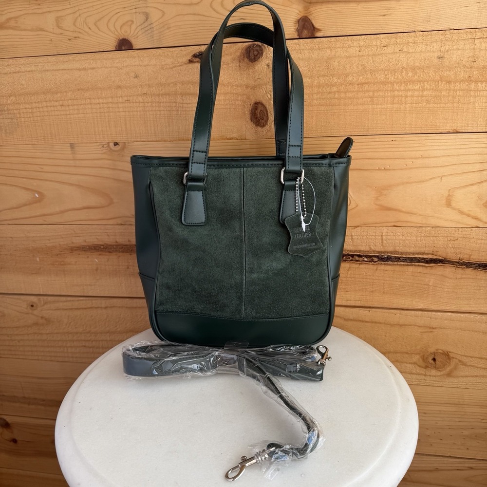 New Green Leather Suede Purse Satchel With Removable Strap Boho Cottage Core‎